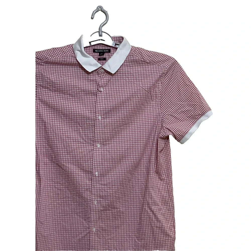 Michael Kors Slim Fit stretch short sleeved  plaid red ‎ white Women's blouse XL